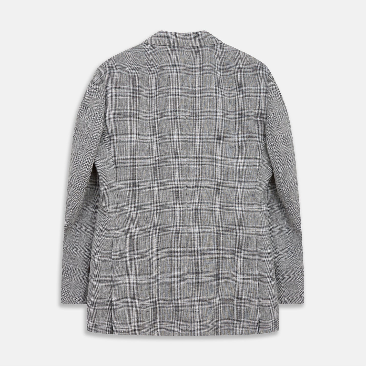 View 4 of product The Turnbull & Asser Grey Multi Check Linen Blend Barrington Blazer features notched lapels, a two-button single-breasted front, flap pockets, and buttoned cuffs, shown against a plain white background.