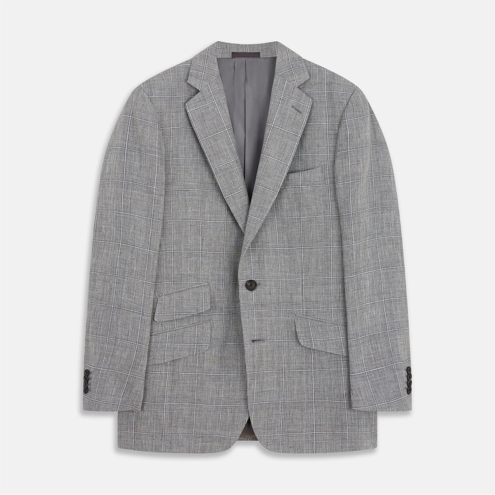 The Turnbull & Asser Grey Multi Check Linen Blend Barrington Blazer features notched lapels, a two-button single-breasted front, flap pockets, and buttoned cuffs, shown against a plain white background.
