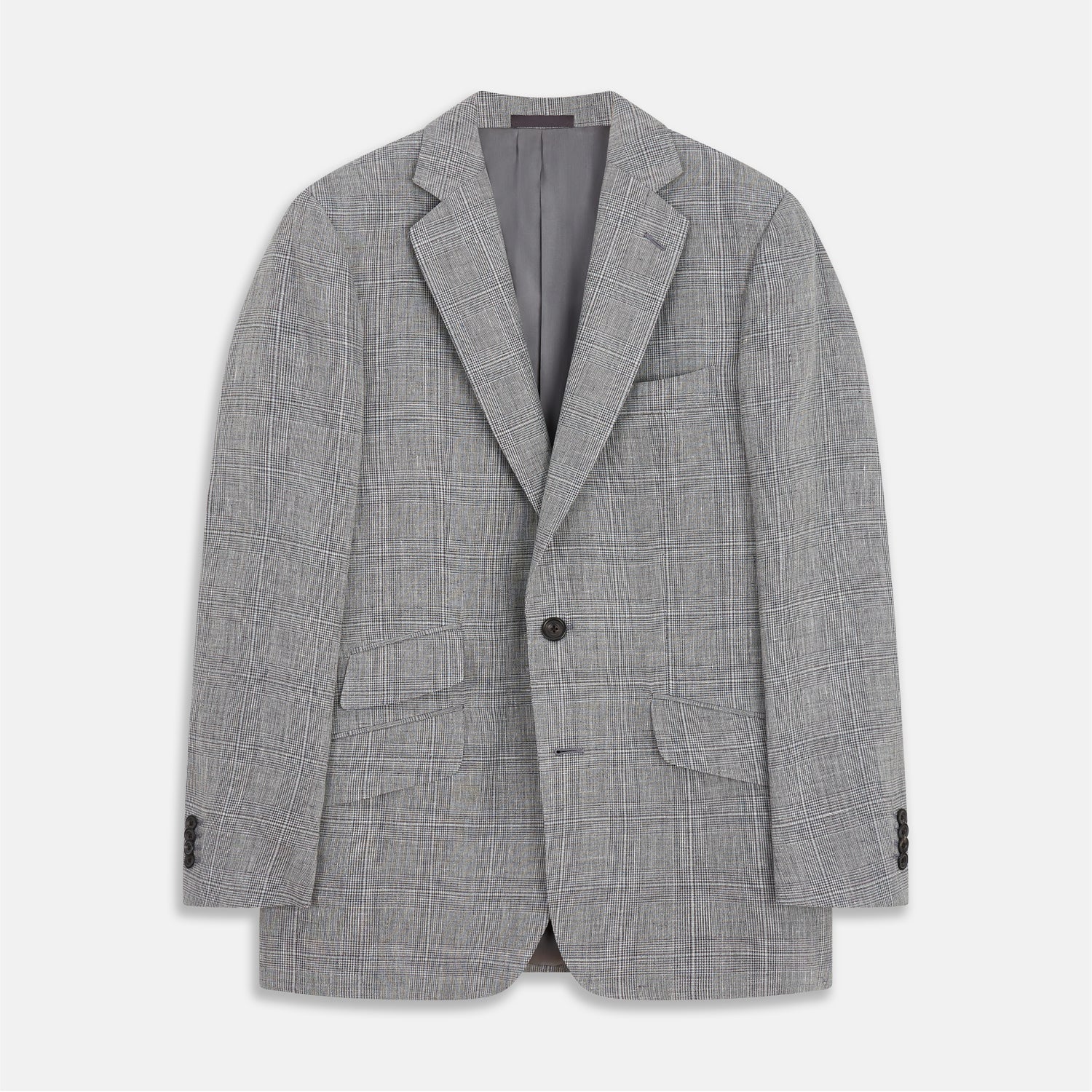 View 1 of product The Turnbull & Asser Grey Multi Check Linen Blend Barrington Blazer features notched lapels, a two-button single-breasted front, flap pockets, and buttoned cuffs, shown against a plain white background.