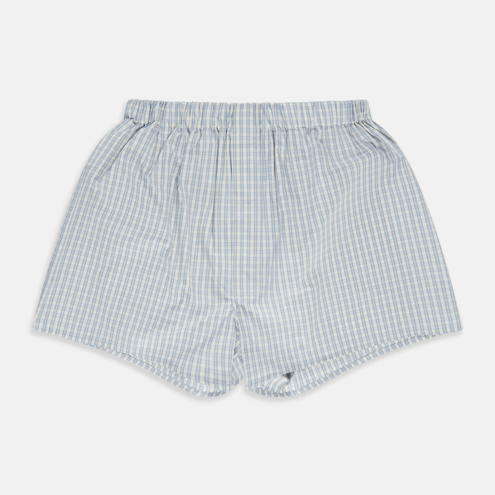 The Turnbull & Asser Pale Blue Multi Cotton Godfrey Boxer Shorts feature a soft cotton fabric and elastic waistband, shown laid flat on a white background.