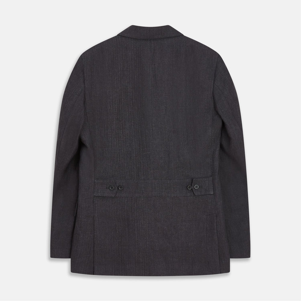 The Turnbull & Asser Charcoal Linen Safari Byron Jacket has a contemporary fit, notched lapel, front button closure, and four flap pockets—two chest and two waist—shown on a plain white background.