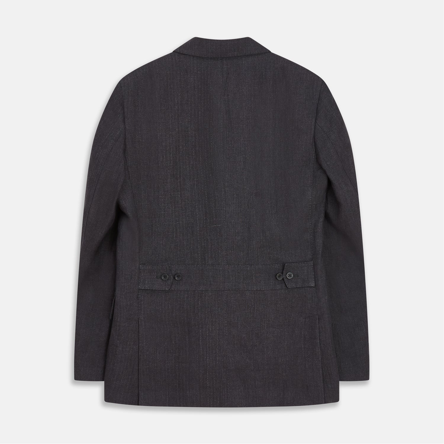 View 4 of product The Turnbull & Asser Charcoal Linen Safari Byron Jacket has a contemporary fit, notched lapel, front button closure, and four flap pockets—two chest and two waist—shown on a plain white background.