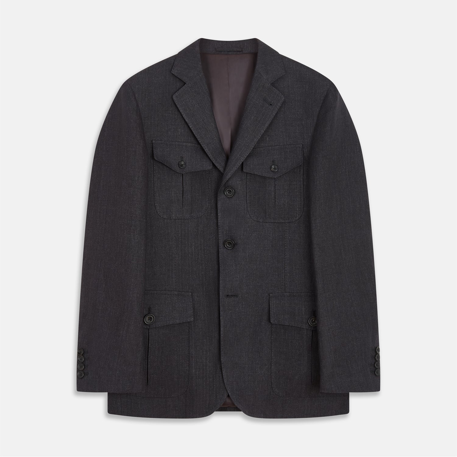 View 1 of product The Turnbull & Asser Charcoal Linen Safari Byron Jacket has a contemporary fit, notched lapel, front button closure, and four flap pockets—two chest and two waist—shown on a plain white background.