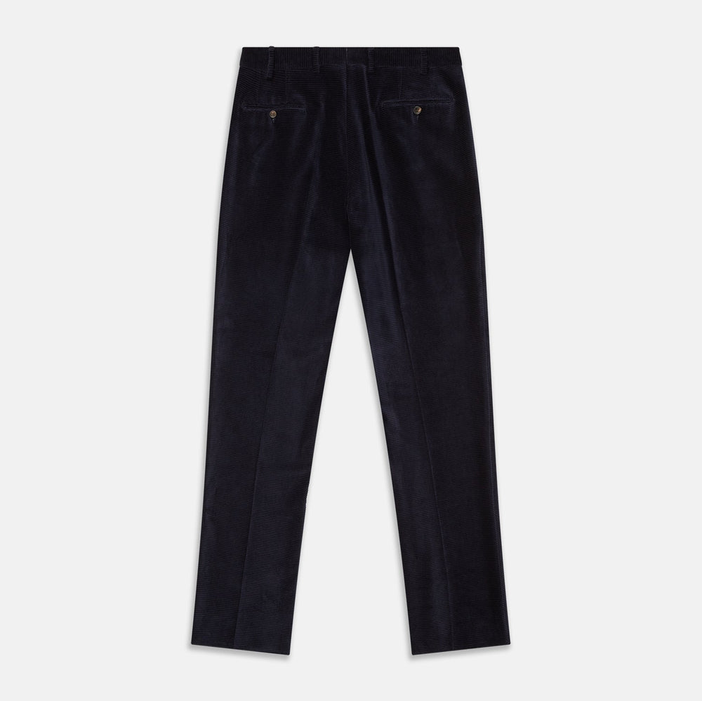 A pair of Turnbull & Asser Navy Horizontal Cord Nolan Trousers featuring a straight-leg fit, button and zip closure, front pleats, and classic horizontal cord texture, laid flat on a white background.