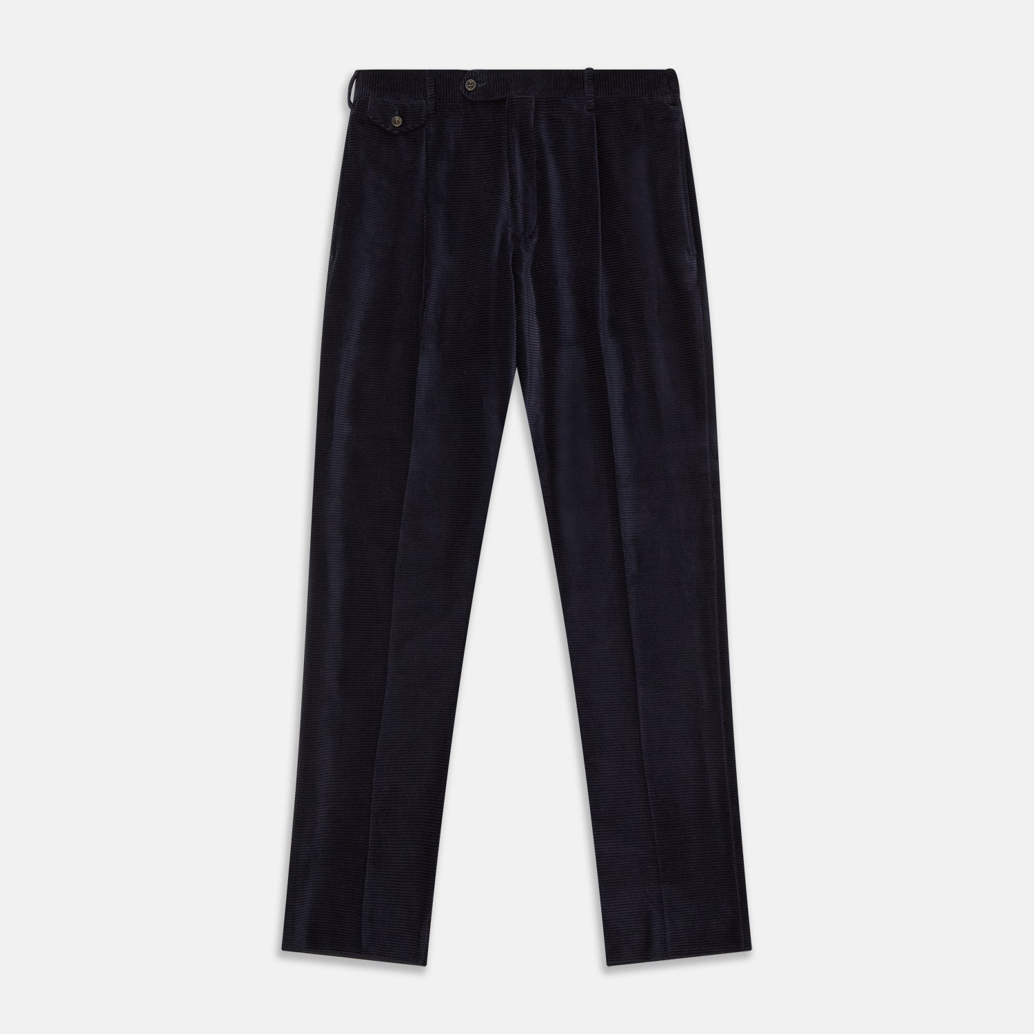 View 1 of product A pair of Turnbull & Asser Navy Horizontal Cord Nolan Trousers featuring a straight-leg fit, button and zip closure, front pleats, and classic horizontal cord texture, laid flat on a white background.