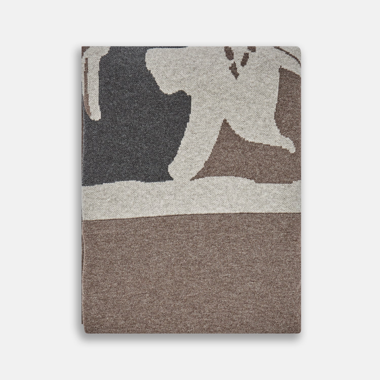 View 1 of product The Grey Wool And Cashmere Lily Blanket by Turnbull & Asser features an abstract animal outline in brown, beige, and dark grey on white. Expertly hand-finished, this folded blanket blends wool and cashmere for a luxurious touch.