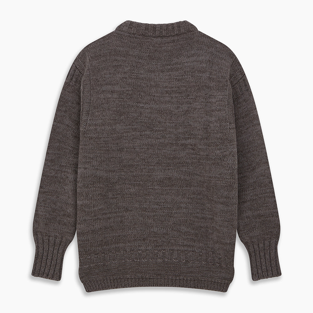 The Turnbull & Asser Fallow Wool and Cotton Blend Lewis Guernsey Jumper is a plain, long-sleeved dark gray knit with ribbed crew neck, cuffs, and hem, shown laid flat on a white background.