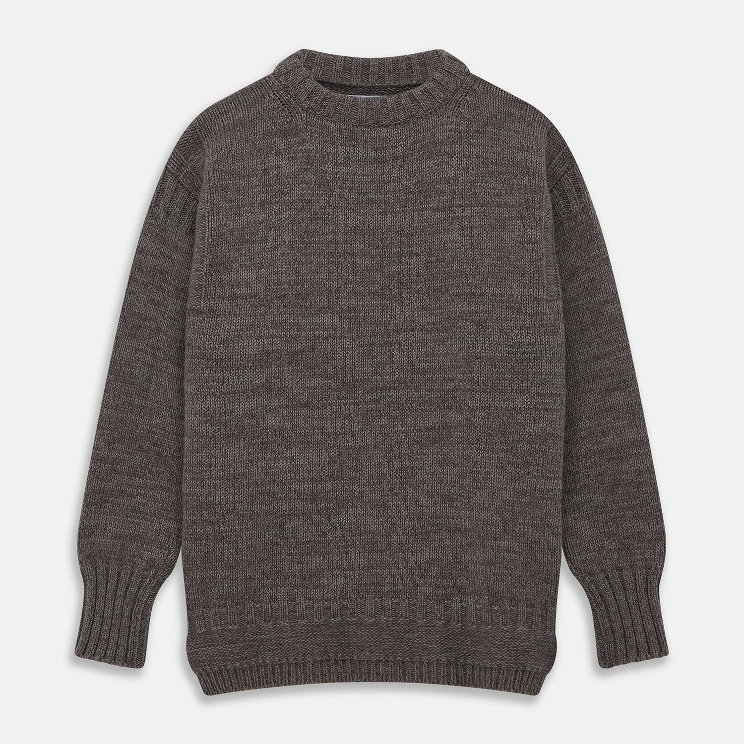 View 1 of product The Turnbull & Asser Fallow Wool and Cotton Blend Lewis Guernsey Jumper is a plain, long-sleeved dark gray knit with ribbed crew neck, cuffs, and hem, shown laid flat on a white background.