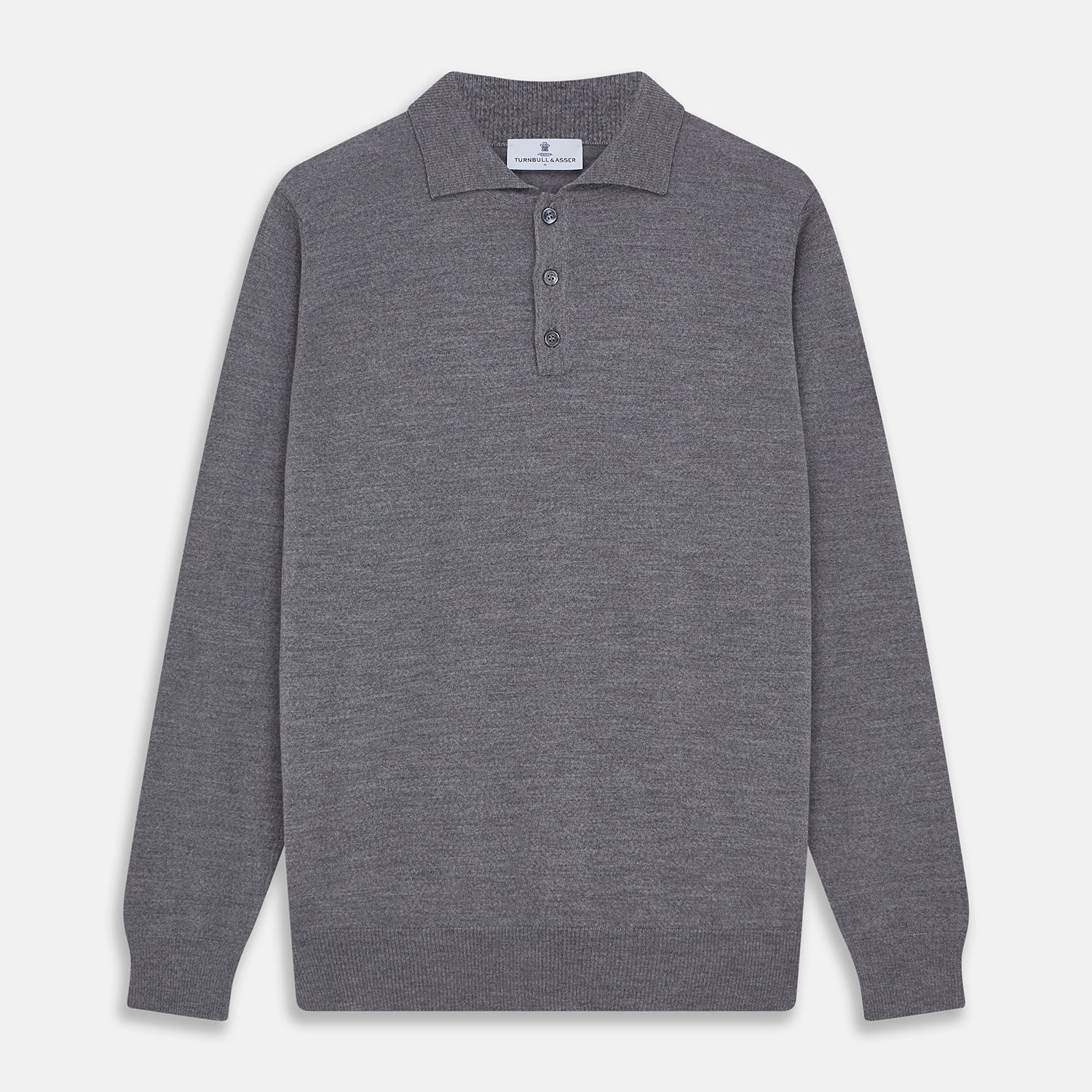 View 1 of product The Grey Merino Wool Cecil Rugby Polo Shirt by Turnbull & Asser features long sleeves, a collar, three-button placket, and ribbed hem and cuffs—an elevated menswear staple shown flat on a white background.