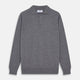 The Grey Merino Wool Cecil Rugby Polo Shirt by Turnbull & Asser features long sleeves, a collar, three-button placket, and ribbed hem and cuffs—an elevated menswear staple shown flat on a white background.