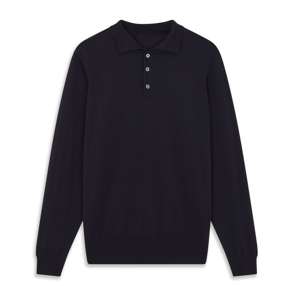 The Navy Merino Wool Cecil Rugby Polo Shirt by Turnbull & Asser features long sleeves, a collar, and a three-button placket—a timeless menswear staple laid flat on a white background.