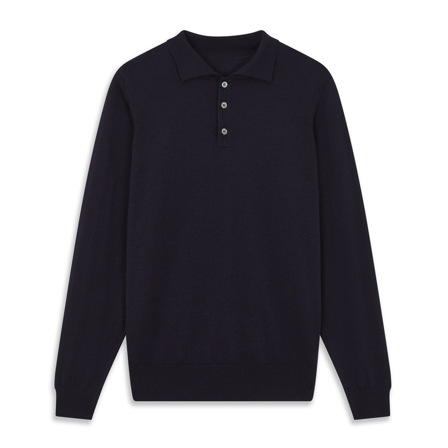 View 1 of product The Navy Merino Wool Cecil Rugby Polo Shirt by Turnbull & Asser features long sleeves, a collar, and a three-button placket—a timeless menswear staple laid flat on a white background.