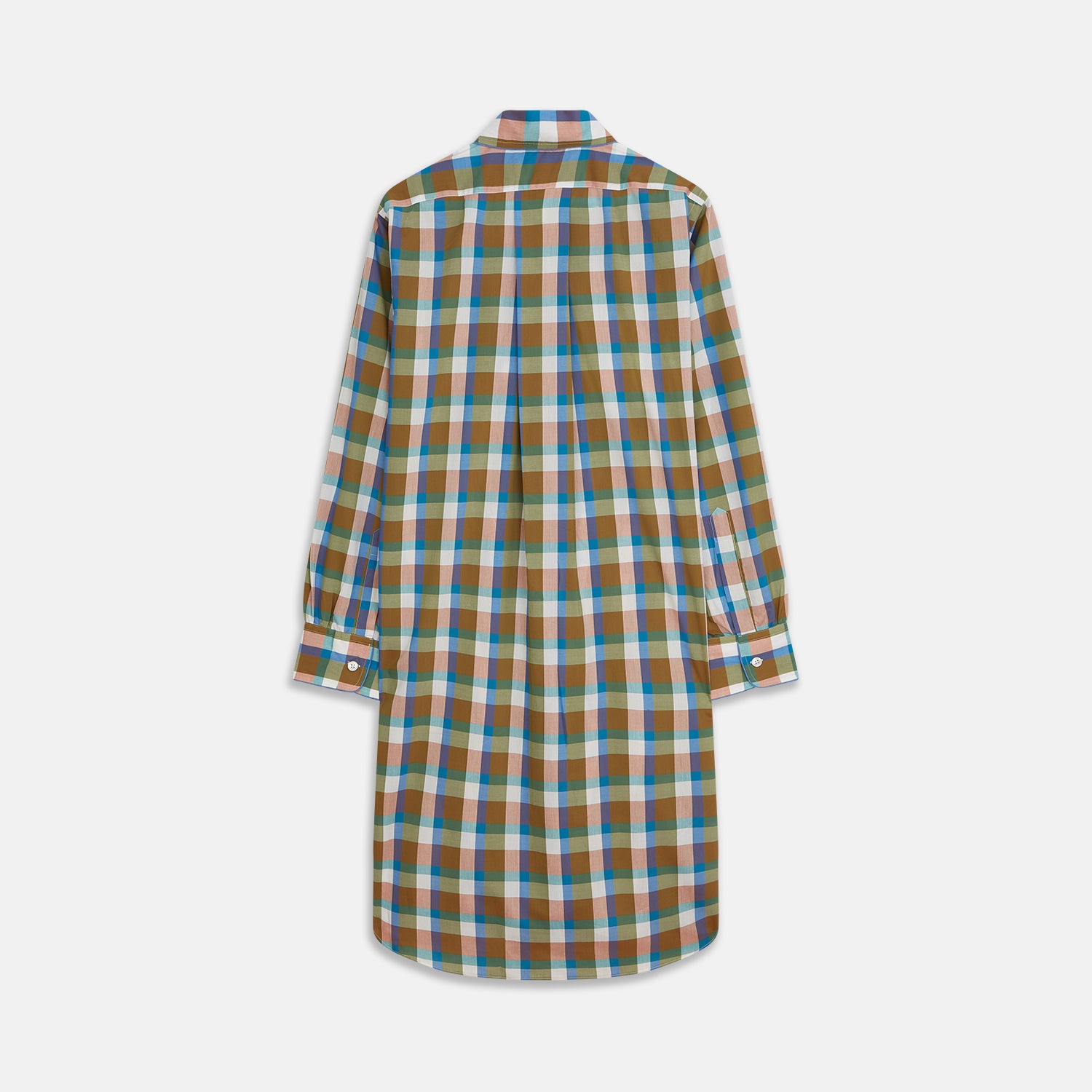 View 5 of product The Green and Pink Multi Check Linen Blend Sussex Nightshirt by Turnbull & Asser is a soft, long-sleeved sleepwear piece with a colorful plaid pattern, button-down front, chest pocket, and rounded hem—ideal as stylish luxury nightwear.