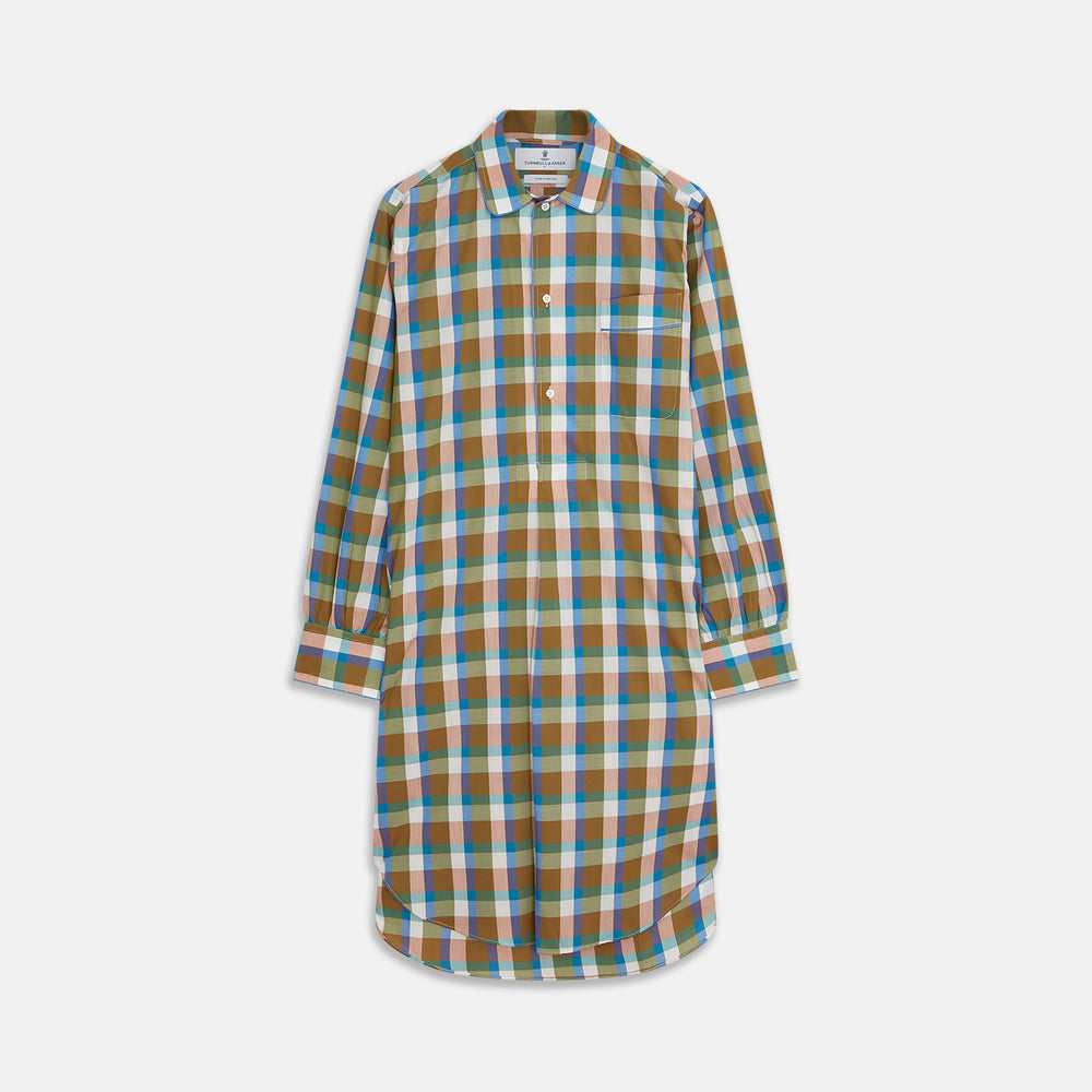 The Green and Pink Multi Check Linen Blend Sussex Nightshirt by Turnbull & Asser is a soft, long-sleeved sleepwear piece with a colorful plaid pattern, button-down front, chest pocket, and rounded hem—ideal as stylish luxury nightwear.