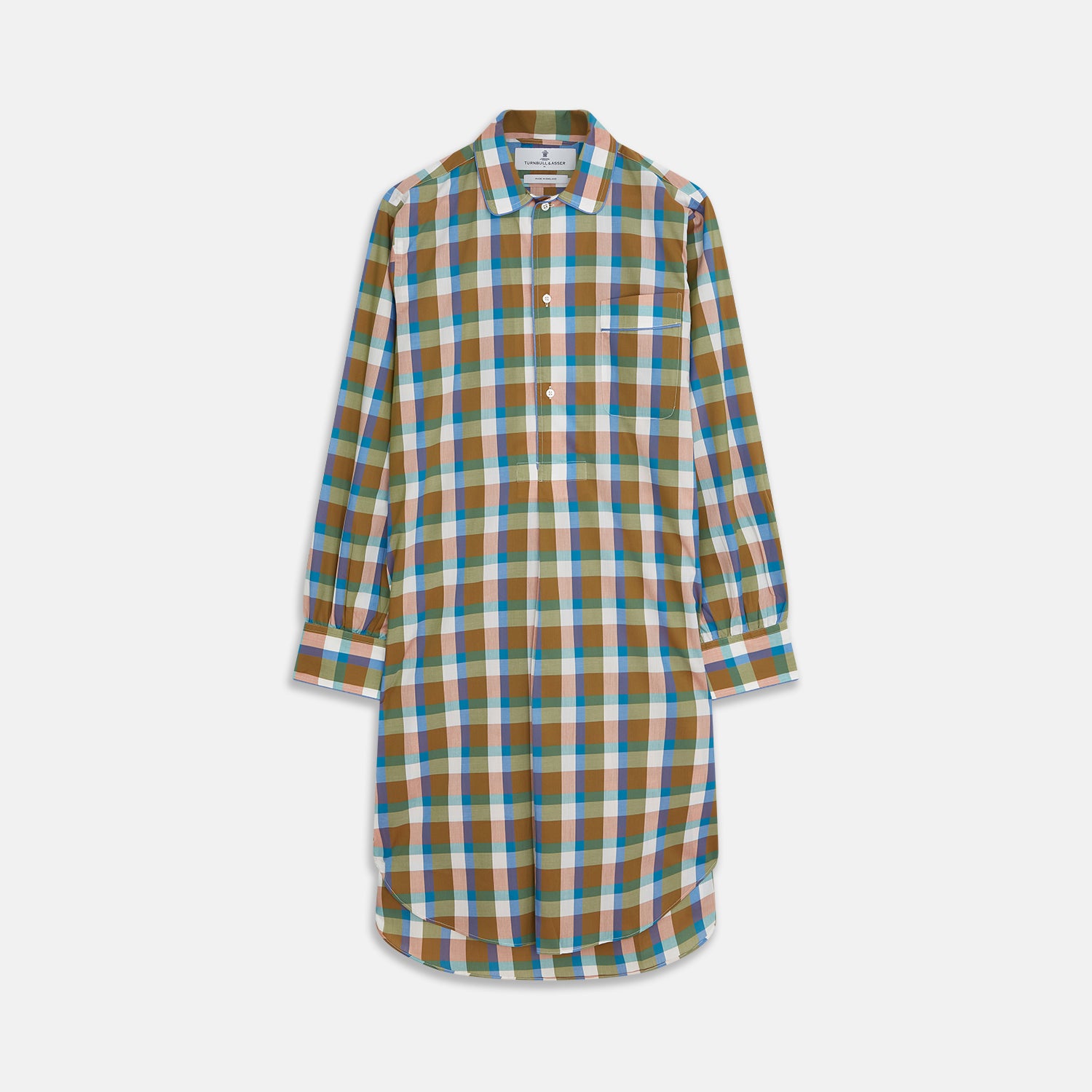 View 1 of product The Green and Pink Multi Check Linen Blend Sussex Nightshirt by Turnbull & Asser is a soft, long-sleeved sleepwear piece with a colorful plaid pattern, button-down front, chest pocket, and rounded hem—ideal as stylish luxury nightwear.