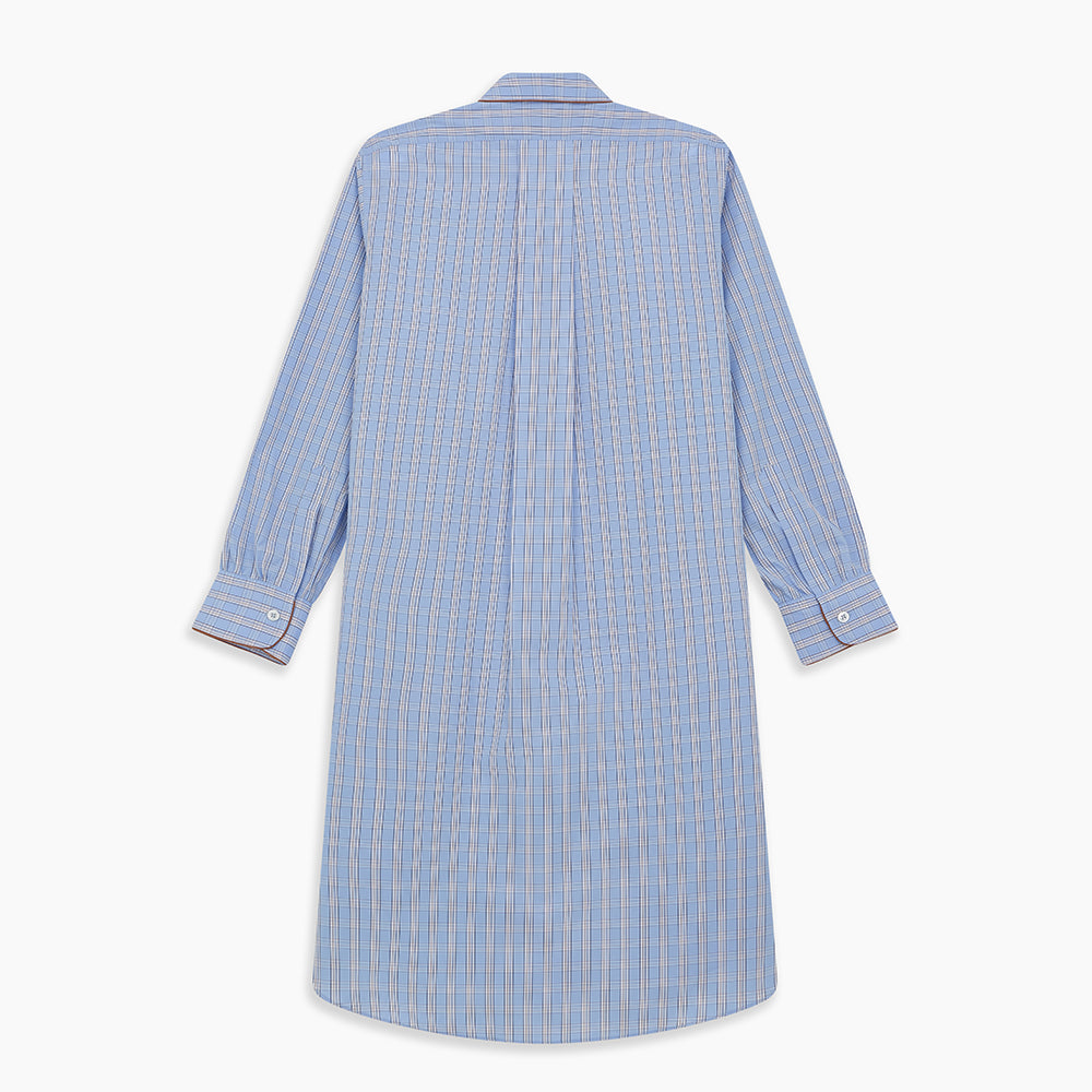 The Turnbull & Asser Pale Blue Multi Check Cotton Sussex Nightshirt features a classic plaid pattern, brown piping accents, button-down front, chest pocket, and curved hem—a timeless long-sleeve sleepwear essential.