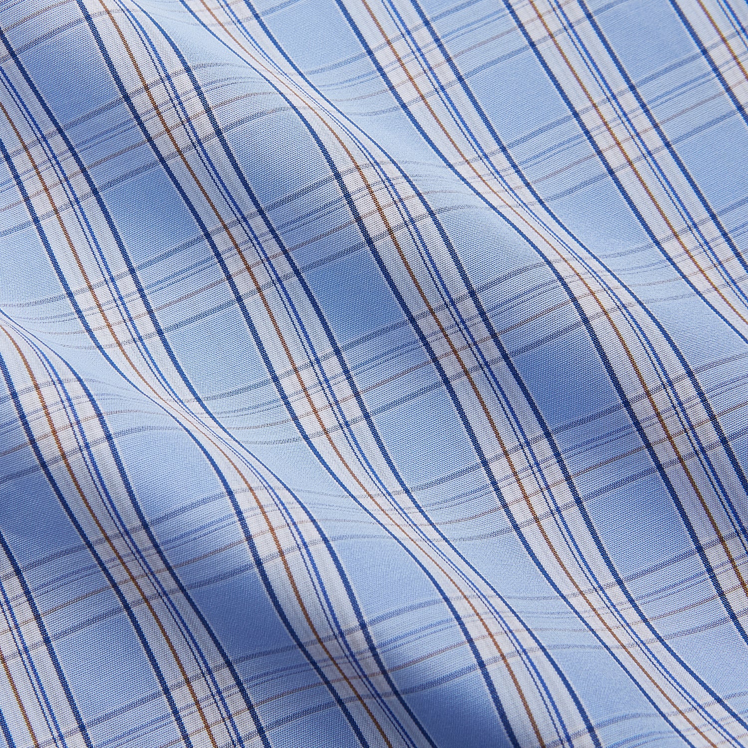View 3 of product The Turnbull & Asser Pale Blue Multi Check Cotton Sussex Nightshirt features a classic plaid pattern, brown piping accents, button-down front, chest pocket, and curved hem—a timeless long-sleeve sleepwear essential.