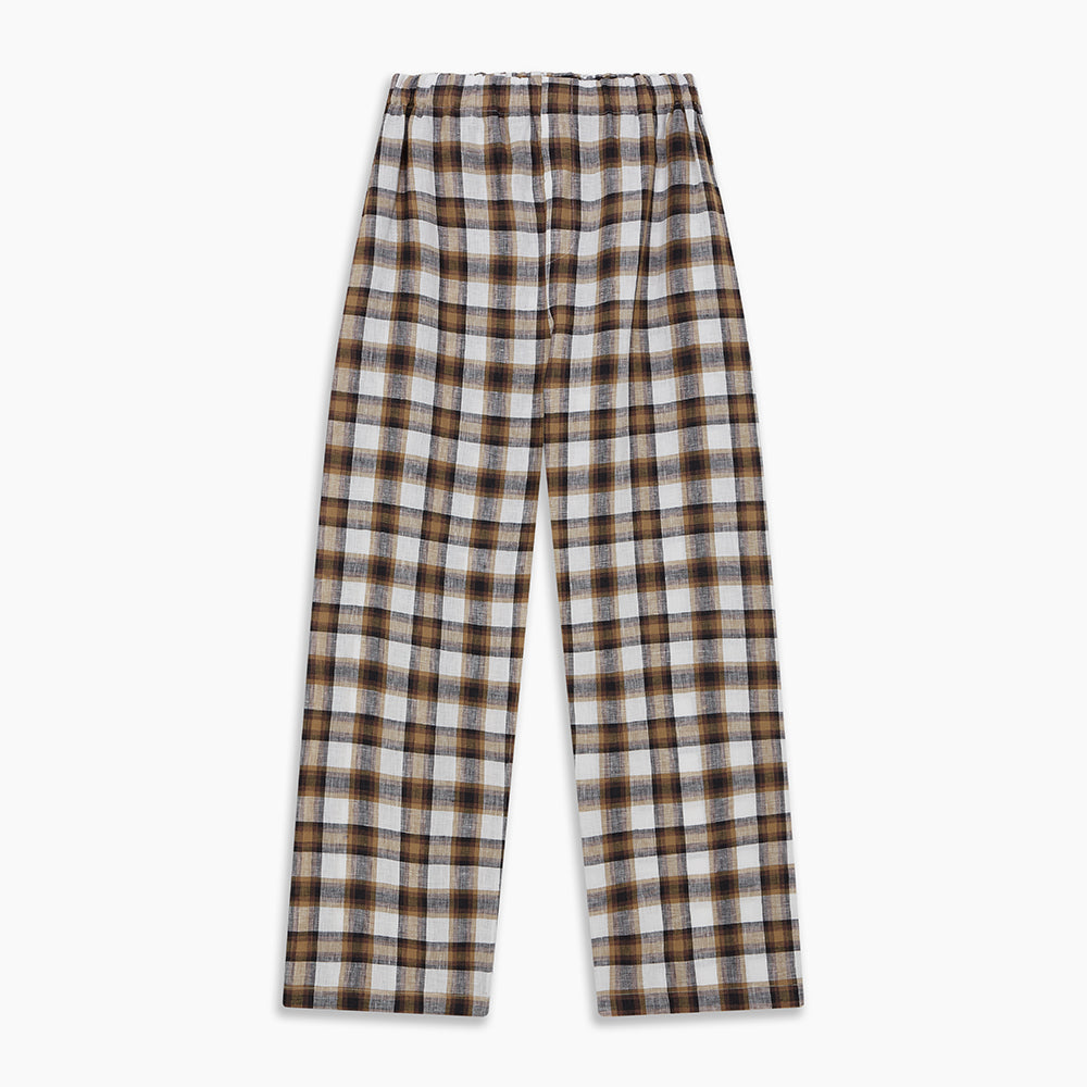 The Turnbull & Asser Brown Multi Check Linen Hyde Pyjama Set features a button-up, long-sleeve top and pants with a brown, black, and white plaid pattern, shown on a white background.