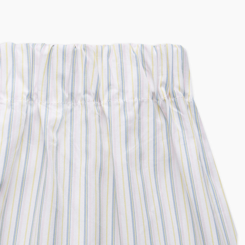 Turnbull & Asser’s Yellow and Green Stripe Cotton Hastings Pyjama Trousers feature a loose fit and elasticated drawstring waist, with thin blue, yellow, and green stripes—ideal for a comfortable night’s sleep. Shown on a white background.