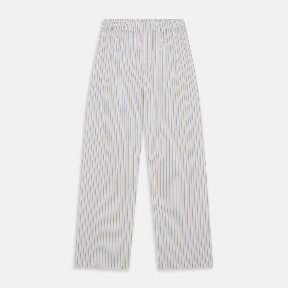 Turnbull & Asser’s Yellow and Green Stripe Cotton Hastings Pyjama Trousers feature a loose fit and elasticated drawstring waist, with thin blue, yellow, and green stripes—ideal for a comfortable night’s sleep. Shown on a white background.