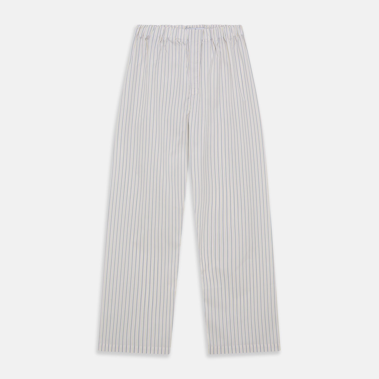 View 1 of product Turnbull & Asser’s Yellow and Green Stripe Cotton Hastings Pyjama Trousers feature a loose fit and elasticated drawstring waist, with thin blue, yellow, and green stripes—ideal for a comfortable night’s sleep. Shown on a white background.