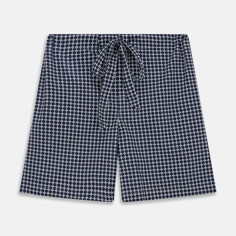 Turnbull & Asser Navy Motif Cotton and Silk Blend Duffield Pyjama shorts feature an all-over white polka dot pattern and a drawstring waist, shown laid flat on a white background.