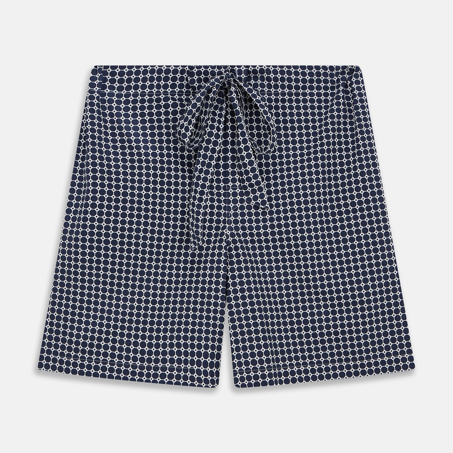 View 1 of product Turnbull & Asser Navy Motif Cotton and Silk Blend Duffield Pyjama shorts feature an all-over white polka dot pattern and a drawstring waist, shown laid flat on a white background.