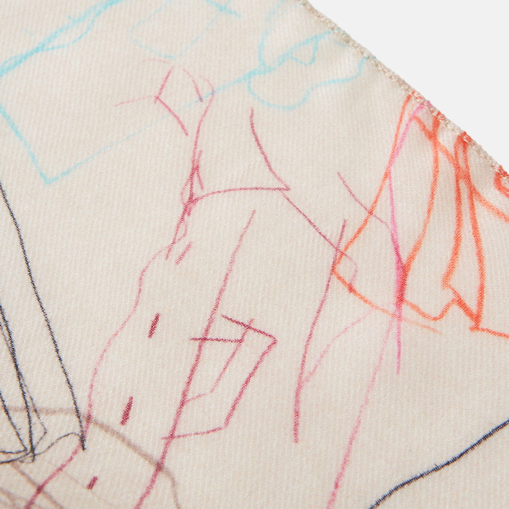 The Turnbull & Asser Cream Sketched Pattern Wool Chilcott Scarf features a lightweight, beige design with frayed edges and multicolored, line-drawn clothing and accessories, shown neatly tied on a plain white background.