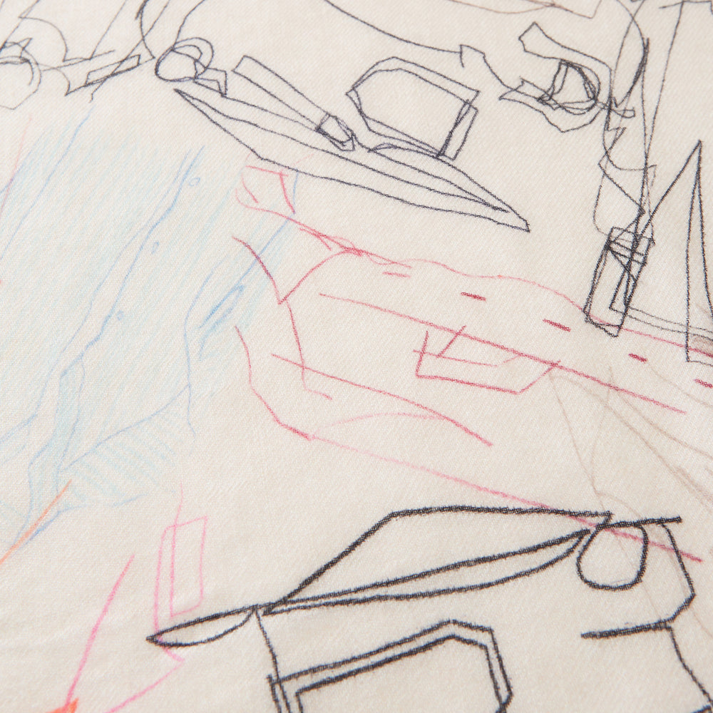 The Turnbull & Asser Cream Sketched Pattern Wool Chilcott Scarf features a lightweight, beige design with frayed edges and multicolored, line-drawn clothing and accessories, shown neatly tied on a plain white background.