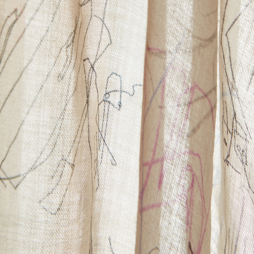 The Turnbull & Asser Cream Sketched Pattern Wool Chilcott Scarf features a lightweight, beige design with frayed edges and multicolored, line-drawn clothing and accessories, shown neatly tied on a plain white background.