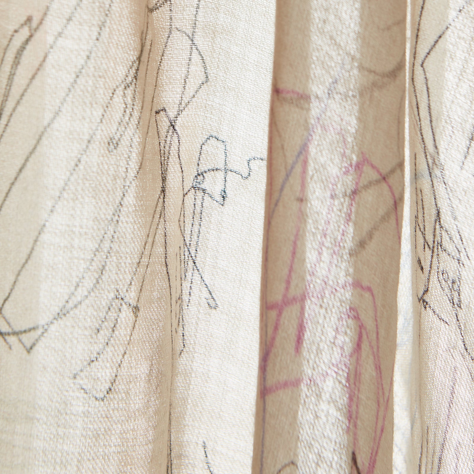 View 5 of product The Turnbull & Asser Cream Sketched Pattern Wool Chilcott Scarf features a lightweight, beige design with frayed edges and multicolored, line-drawn clothing and accessories, shown neatly tied on a plain white background.