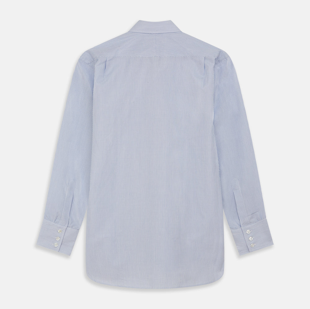The Turnbull & Asser Blue and White Stripe Cotton Regular Fit Mayfair Shirt features long sleeves, a T&A collar, white buttons, and buttoned cuffs, displayed flat on a white background.