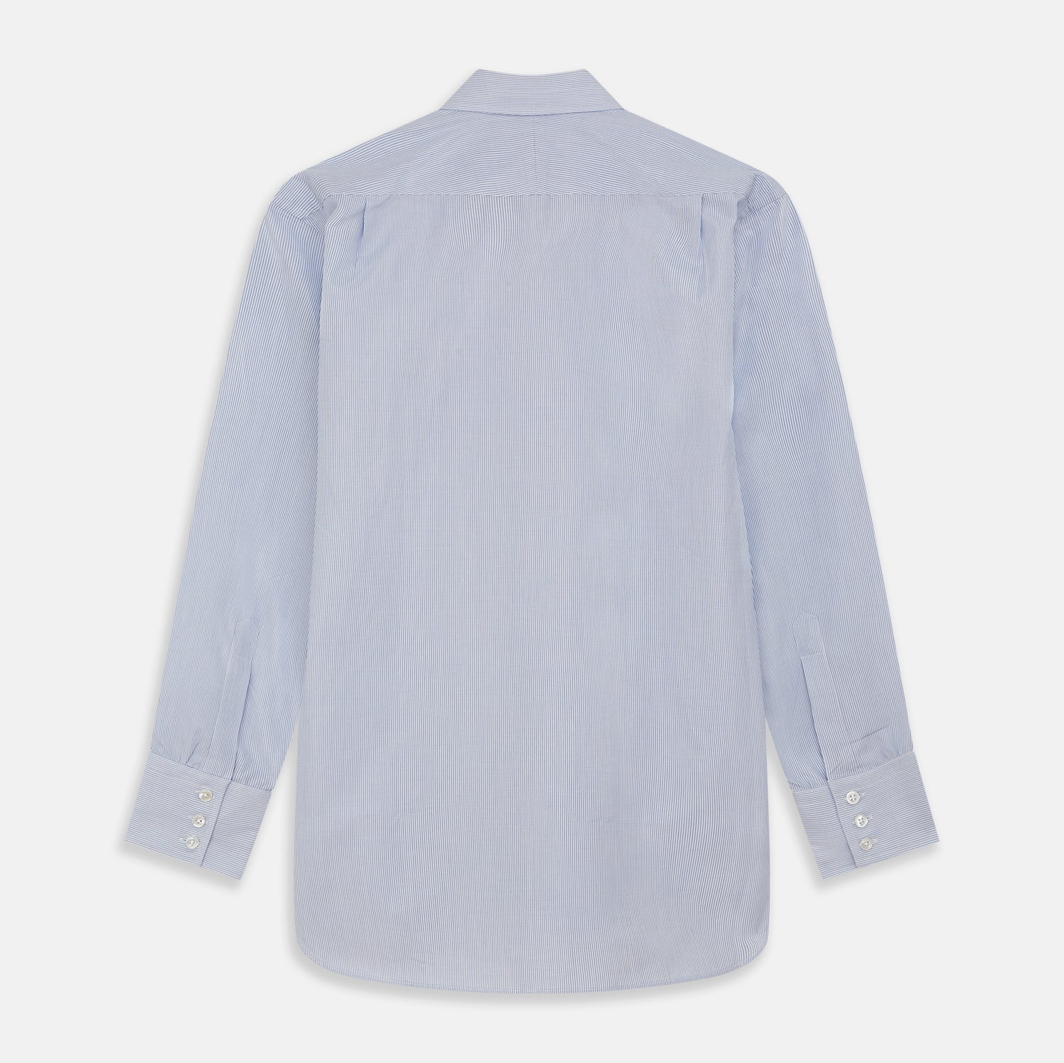 View 5 of product The Turnbull & Asser Blue and White Stripe Cotton Regular Fit Mayfair Shirt features long sleeves, a T&A collar, white buttons, and buttoned cuffs, displayed flat on a white background.