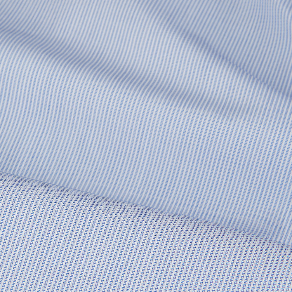 The Turnbull & Asser Blue and White Stripe Cotton Regular Fit Mayfair Shirt features long sleeves, a T&A collar, white buttons, and buttoned cuffs, displayed flat on a white background.