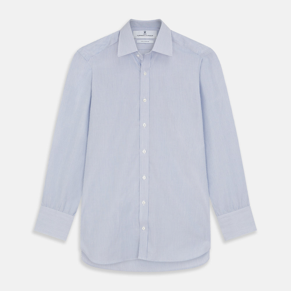The Turnbull & Asser Blue and White Stripe Cotton Regular Fit Mayfair Shirt features long sleeves, a T&A collar, white buttons, and buttoned cuffs, displayed flat on a white background.