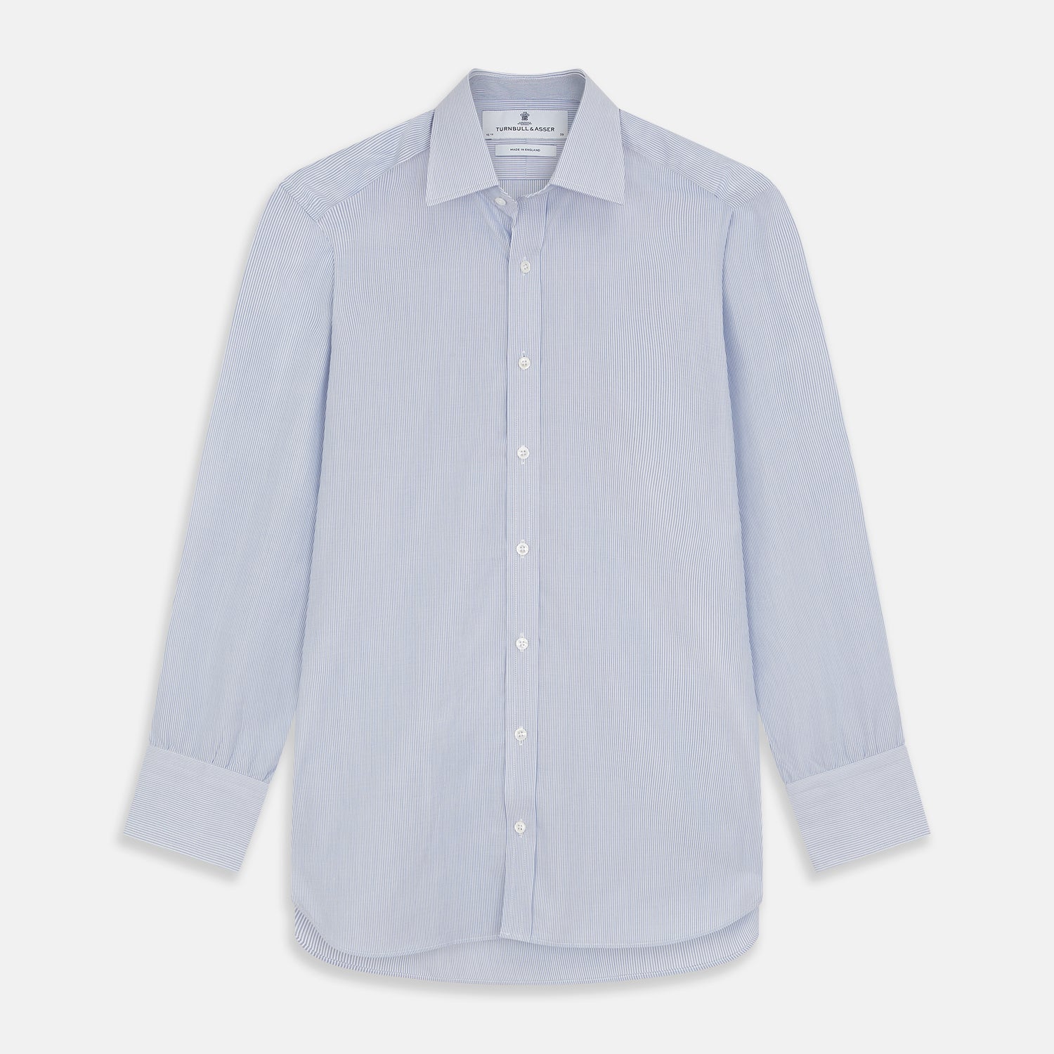 View 1 of product The Turnbull & Asser Blue and White Stripe Cotton Regular Fit Mayfair Shirt features long sleeves, a T&A collar, white buttons, and buttoned cuffs, displayed flat on a white background.