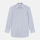 The Turnbull & Asser Blue and White Stripe Cotton Regular Fit Mayfair Shirt features long sleeves, a T&A collar, white buttons, and buttoned cuffs, displayed flat on a white background.