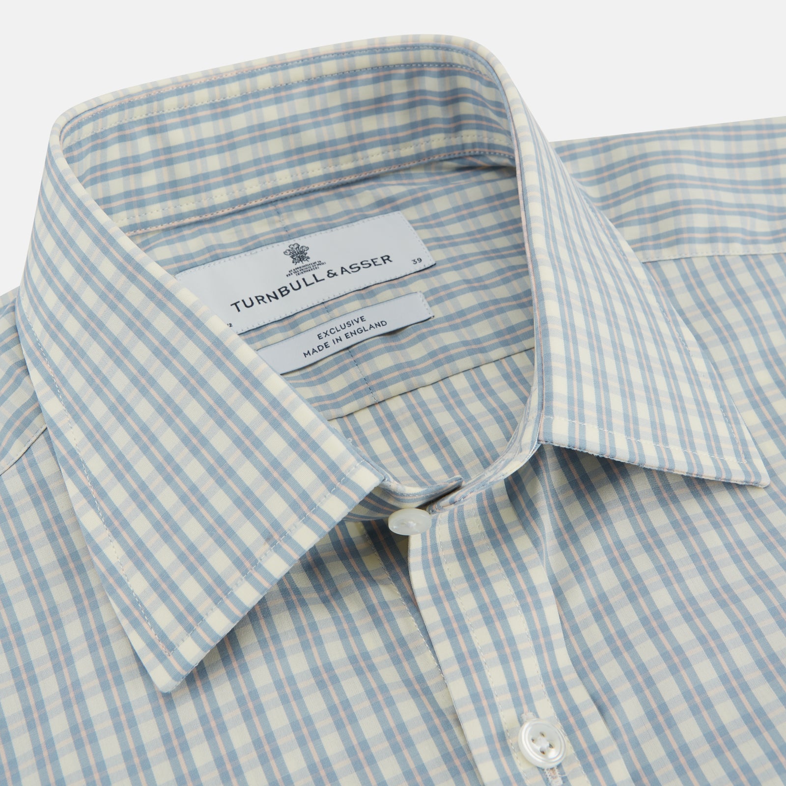 View 2 of product The Turnbull & Asser Pale Blue Multi Check Cotton Regular Fit Mayfair Shirt features long sleeves and a button-up front, displayed against a plain white background.