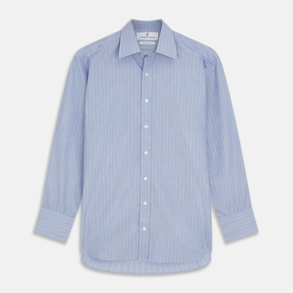 Navy Turnbull & Asser Mayfair shirt in textured cotton, regular fit with a sharp T&A collar and white buttons, laid flat on a white background.