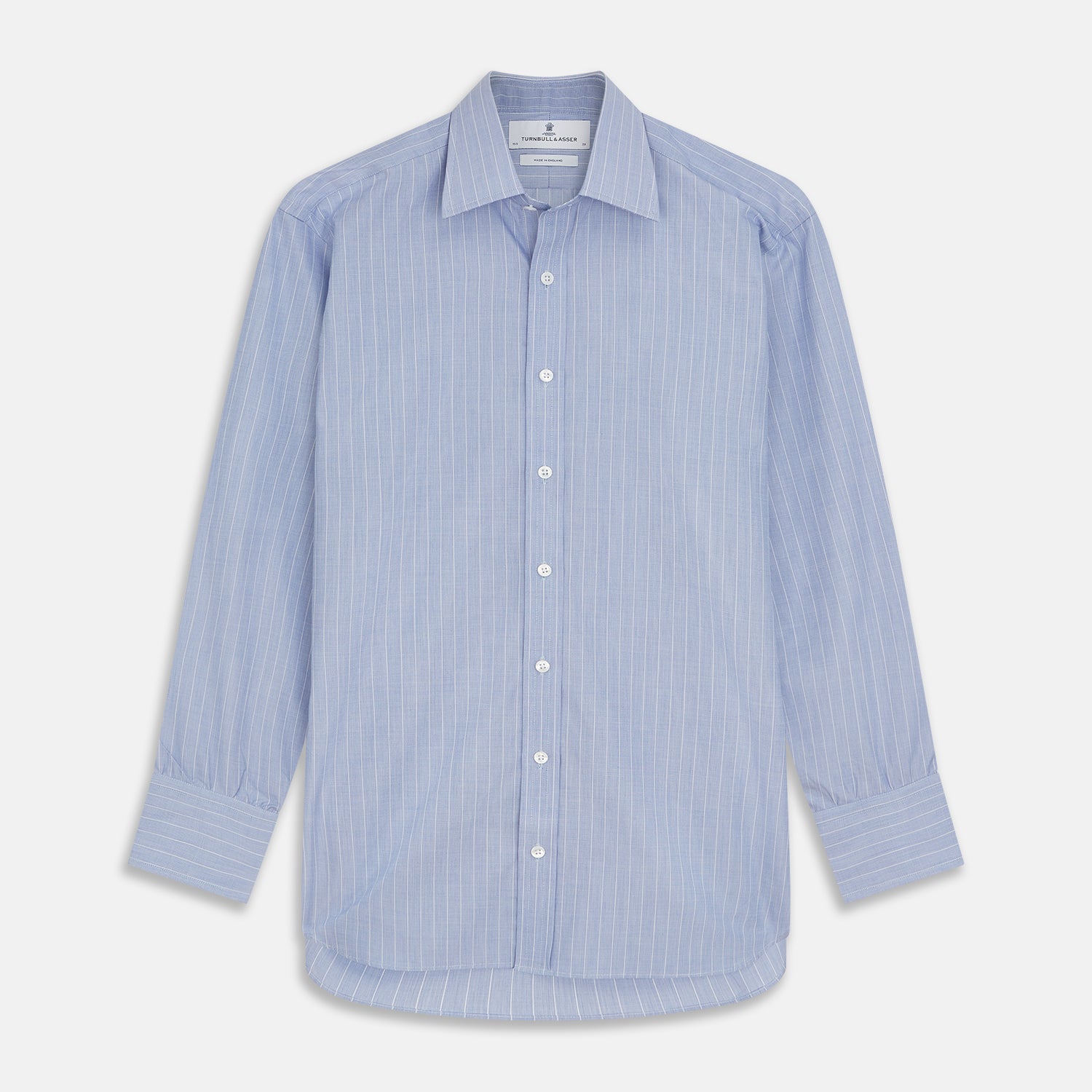 View 1 of product Navy Turnbull & Asser Mayfair shirt in textured cotton, regular fit with a sharp T&A collar and white buttons, laid flat on a white background.