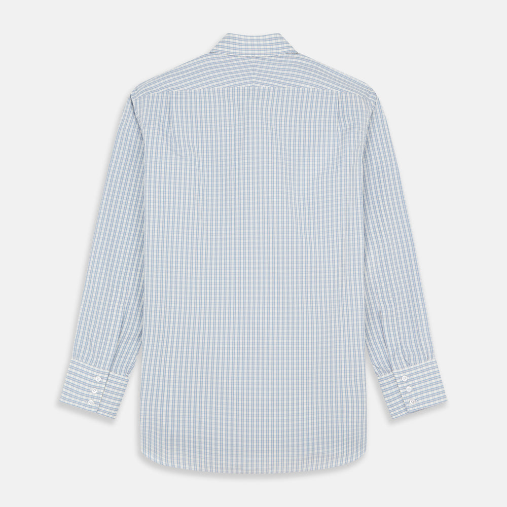 The Turnbull & Asser Pale Blue Multi Check Cotton Regular Fit Mayfair Shirt features long sleeves and a button-up front, displayed against a plain white background.