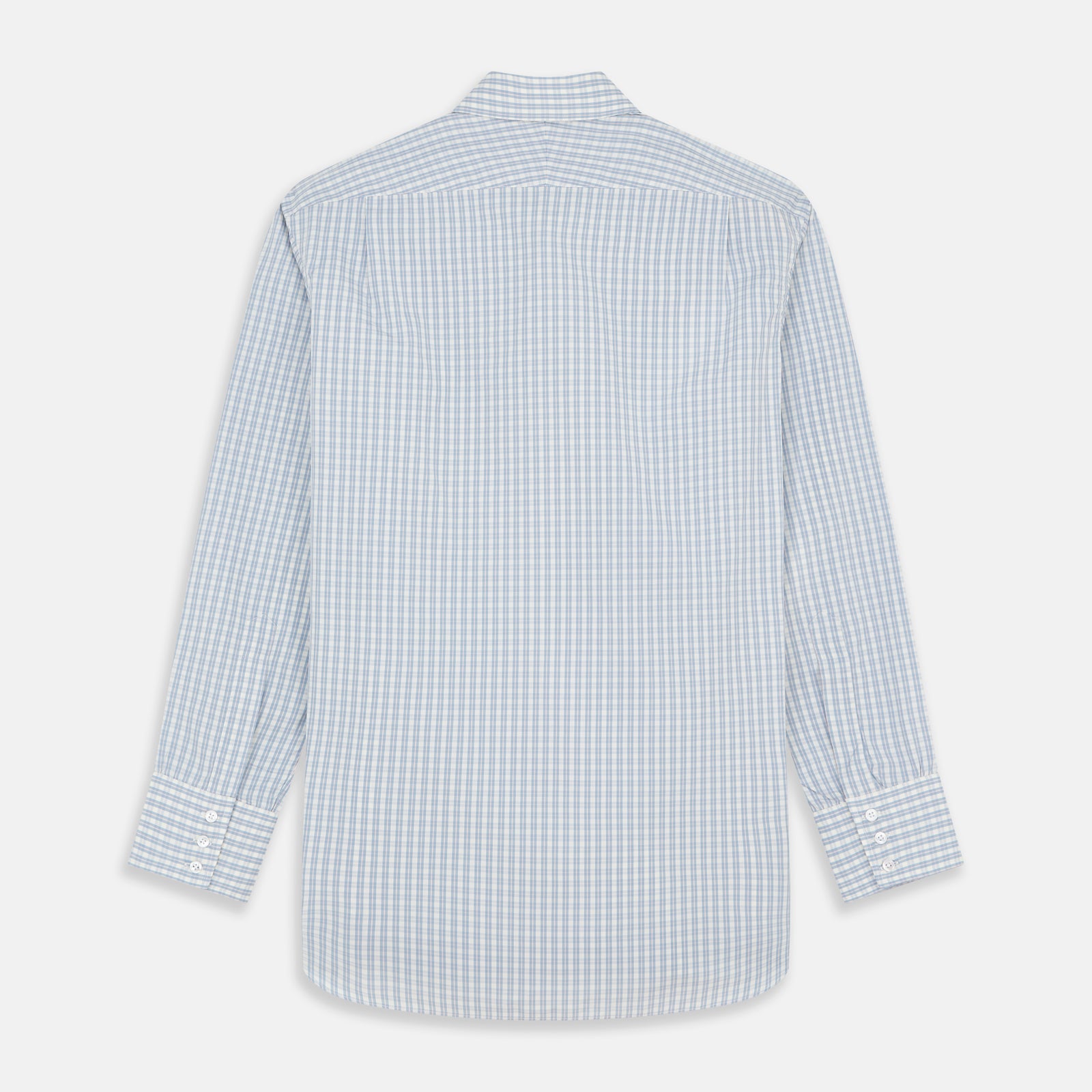 View 5 of product The Turnbull & Asser Pale Blue Multi Check Cotton Regular Fit Mayfair Shirt features long sleeves and a button-up front, displayed against a plain white background.