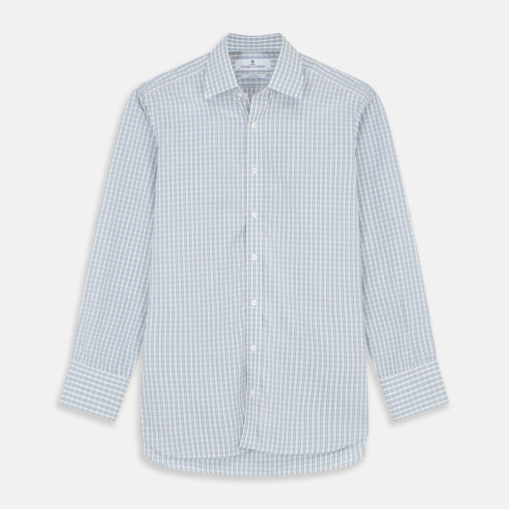 The Turnbull & Asser Pale Blue Multi Check Cotton Regular Fit Mayfair Shirt features long sleeves and a button-up front, displayed against a plain white background.