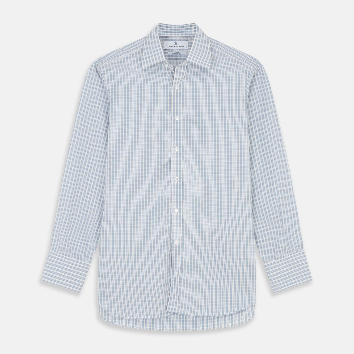View 1 of product The Turnbull & Asser Pale Blue Multi Check Cotton Regular Fit Mayfair Shirt features long sleeves and a button-up front, displayed against a plain white background.
