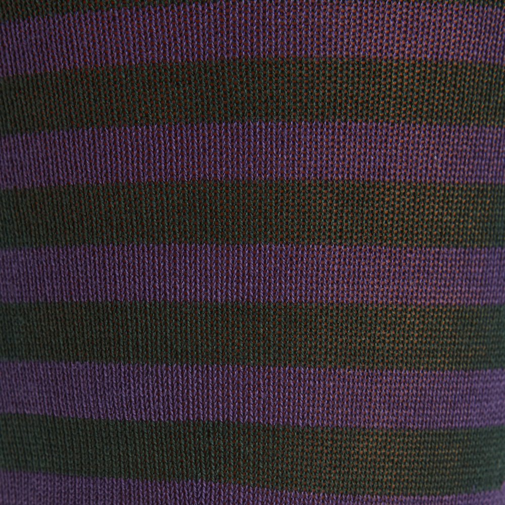A single Turnbull & Asser Purple Striped Cotton Blend Sock, featuring bold black and purple horizontal stripes, is displayed on a white background as if worn on the right foot with toes pointing left.