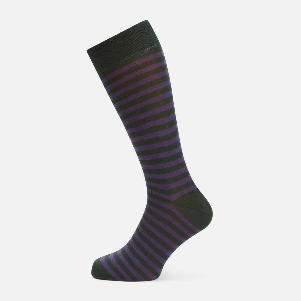 A single Turnbull & Asser Purple Striped Cotton Blend Sock, featuring bold black and purple horizontal stripes, is displayed on a white background as if worn on the right foot with toes pointing left.