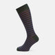 A single Turnbull & Asser Purple Striped Cotton Blend Sock, featuring bold black and purple horizontal stripes, is displayed on a white background as if worn on the right foot with toes pointing left.