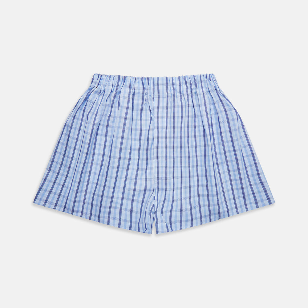Turnbull & Asser Blue Multi Check Cotton Godfrey Boxer Shorts, shown flat on a white background. These boxers feature an elastic waistband and bring comfort and luxury to any man’s underwear collection.