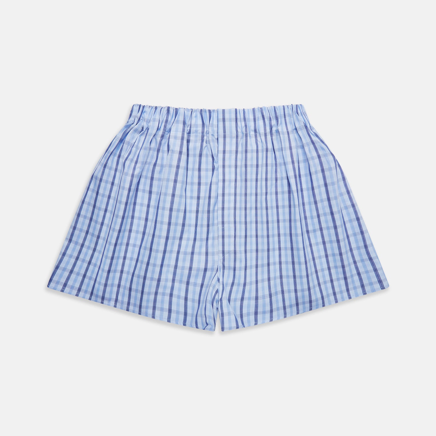 View 1 of product Turnbull & Asser Blue Multi Check Cotton Godfrey Boxer Shorts, shown flat on a white background. These boxers feature an elastic waistband and bring comfort and luxury to any man’s underwear collection.