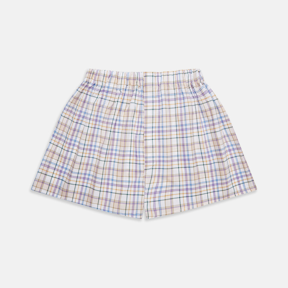 The Turnbull & Asser Colourful Garden Multi Check Cotton Godfrey Boxer Shorts feature a relaxed fit and elastic waistband, showcasing vibrant blue, red, and yellow plaid on white—ideal luxury underwear for men.